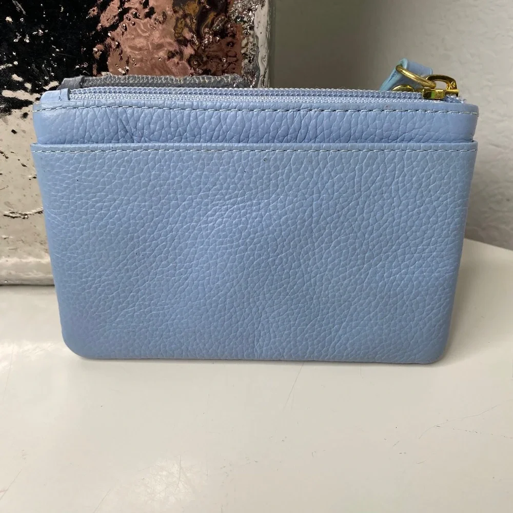 Lodis Blue Pebbled Leather Zip Card Case Coin Purse Wallet Gold Tone‎ Hardware